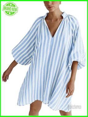 Women Striped Summer Mini Dress Boho Chic Tunic Shift 3/4 Sleeve Beach Vacation